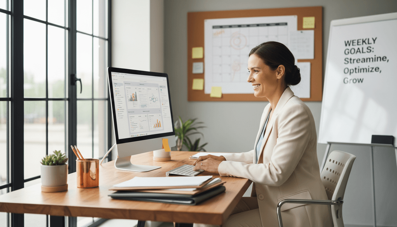 Confident service business owner working at bright, modern desk with natural window light in organized office