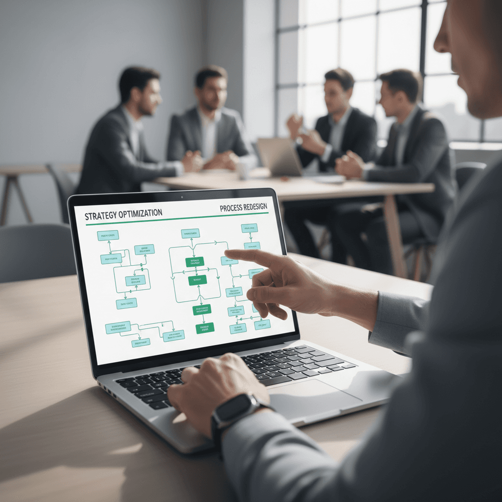 Operations consultant reviewing structured process documentation and workflow systems